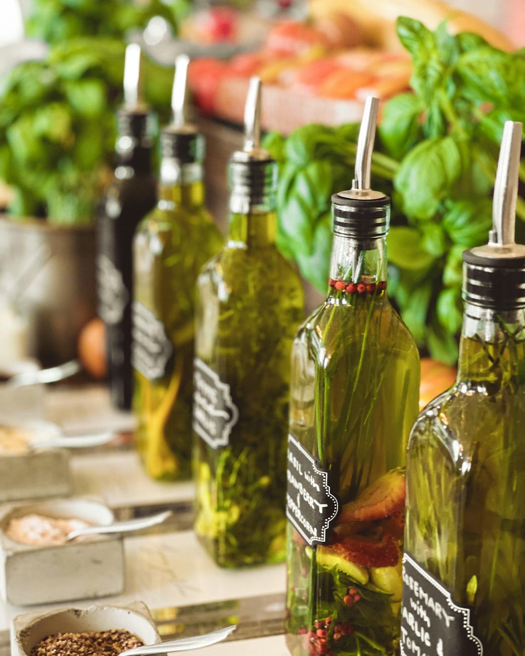 close up of flavoured olive oil bottles